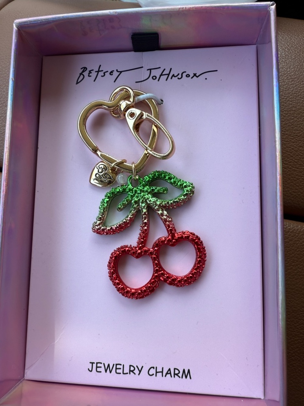 NWT Betsey Johnson Gold Heart Cherry Keychain with Red & Green Crystals